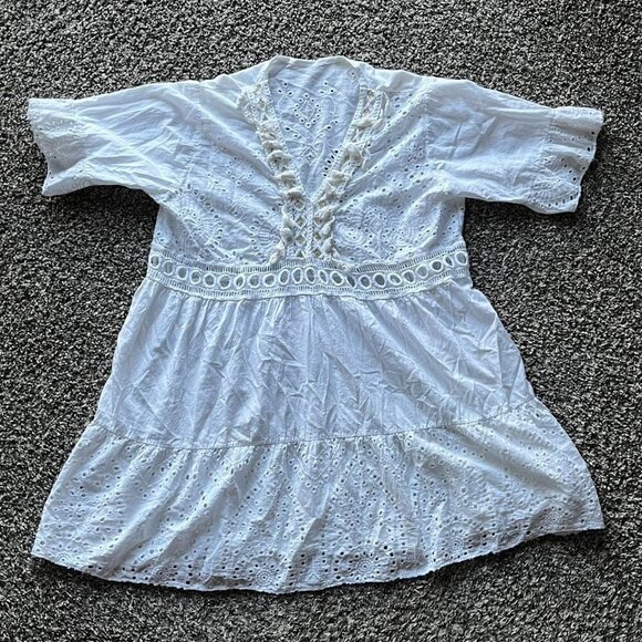 The Unbranded Brand Dresses & Skirts - White Lace Babydoll Mini Dress Womens Medium/Large Boho Tassels Made in Italy